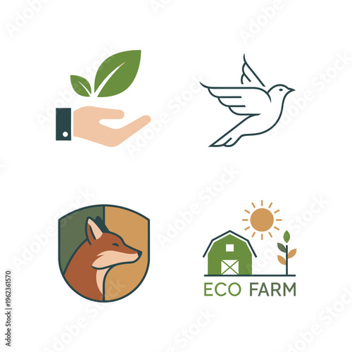 Set of 4 nature and eco-friendly icons: hand with leaves, dove, fox emblem, and eco farm barn