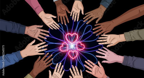 Diverse hands gather around a glowing heart symbol on black background illustration