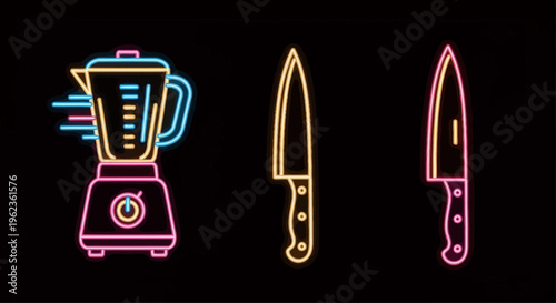Neon signs of a blender and two knives on a black background.