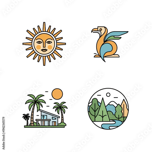 Set of 4 stylized flat icons: sun, griffin, tropical house, mountain landscape