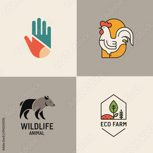 Set of 4 stylized logos: hand, rooster, bear, eco farm. Flat design icons.