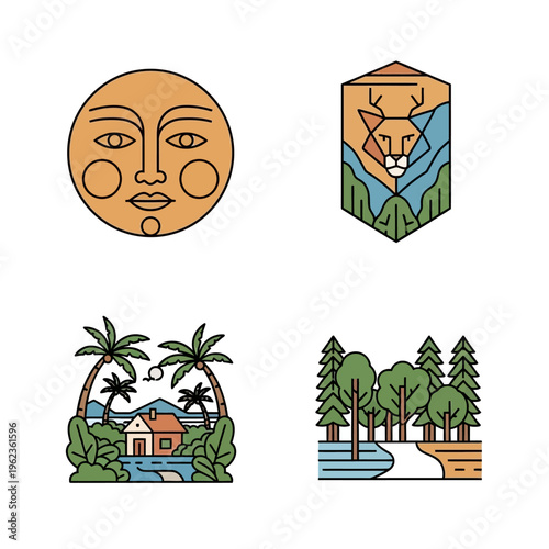 Set of 4 stylized nature and celestial icons: sun face, animal landscape, tropical house, forest scene