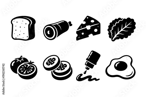 Collection of simple black and white icons representing sandwich ingredients and breakfast items