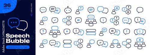 Modern AI chatbot and speech bubble outline icon set, linear blue communication symbols, artificial intelligence message and dialogue line art collection, thin line chat bubbles for UI UX design