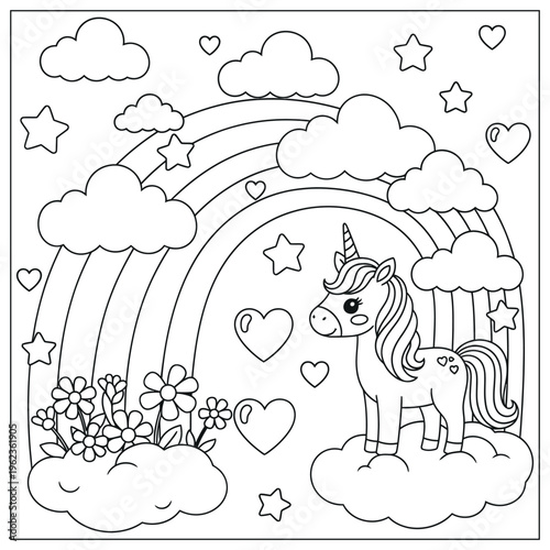 A charming black and white illustration of a unicorn near a rainbow
