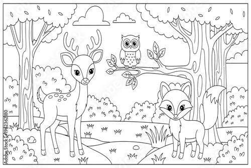 A serene forest scene with deer fox owl and lush foliage details