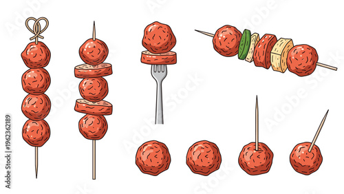 Various ways to serve meatballs including on skewers with vegetables and individually on a fork or pick.