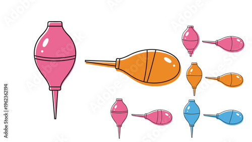 Selection of medical enema bulbs in different sizes and bright colors like pink, orange, and blue.