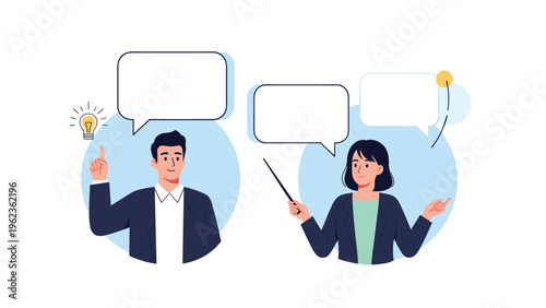 Two business professionals in suits discuss ideas with blank speech bubbles and a glowing light bulb symbol.
