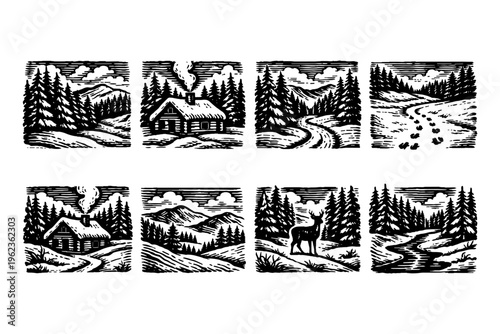Rustic winter scenes with cabins, deer, and snowy landscapes in woodcut style