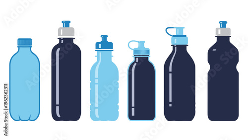Group of various reusable plastic and metal water bottles in blue shades are shown against a white background.