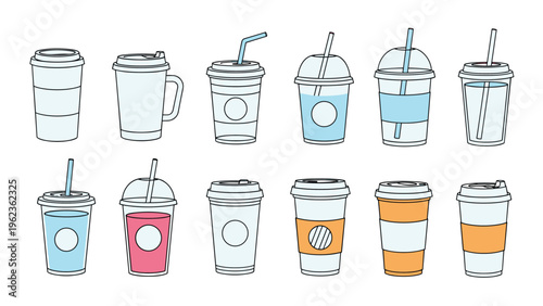 Collection of various disposable plastic and paper cups for hot and cold drinks with straws and lids.