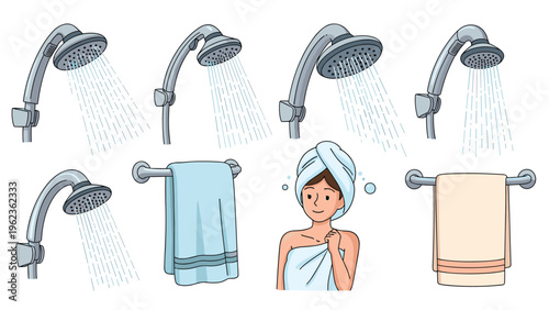 Various shower heads with flowing water, towels, and a woman with a towel on her head are shown in a set.