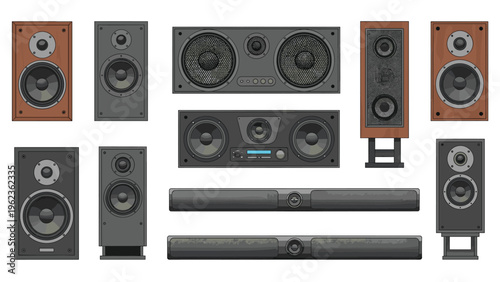Selection of professional audio speakers and soundbars for home theater systems in various sizes and finishes.