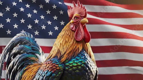 Majestic Rooster Standing Proudly in Front of the American Flag, Symbolizing Patriotism and National Pride