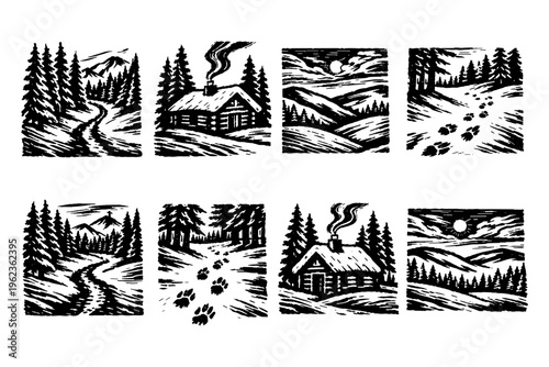 Winter forest scenes with cabins, snowy paths, and animal tracks