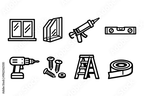 Collection of construction and home improvement tools and materials icons