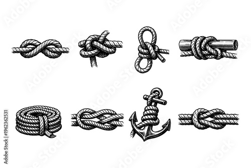Collection of nautical knots and rope illustrations in vintage style