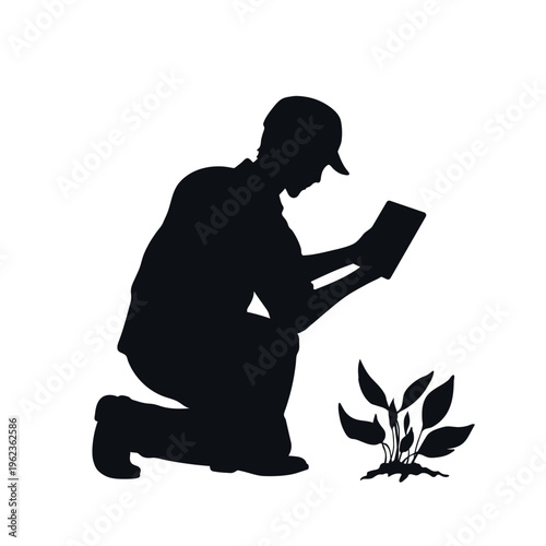 Silhouette of an agronomist with a tablet. Modern farming technologies. A man shape inspecting plants in a field. Vector illustration
