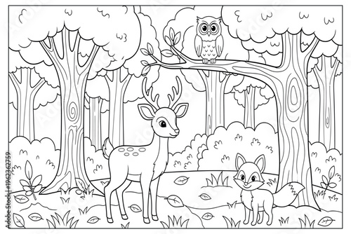 A peaceful forest scene with a deer fox owl and detailed trees