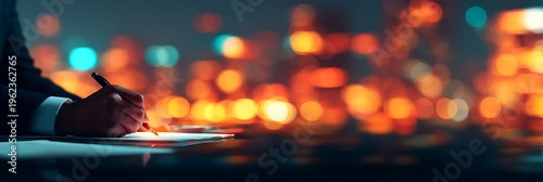 A person writing on a clipboard at night with a blurred cityscape of bright lights in the background.