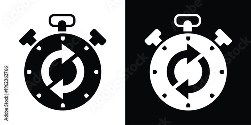 Stopwatch icon featuring circular refresh arrows. Symbol for recurring time, countdown cycles, or process updates. Modern flat design for UI/UX and time management apps.