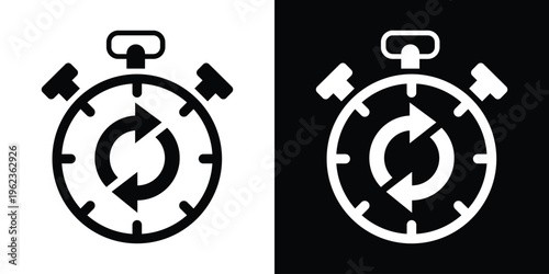 Stopwatch icon featuring circular refresh arrows. Symbol for recurring time, countdown cycles, or process updates. Modern flat design for UI/UX and time management apps.