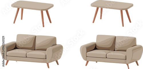 Furniture vector set, modern sofa and wooden coffee tables isolated interior design illustration collection
