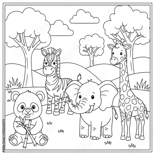 A charming coloring page featuring a giraffe zebra elephant and panda with trees
