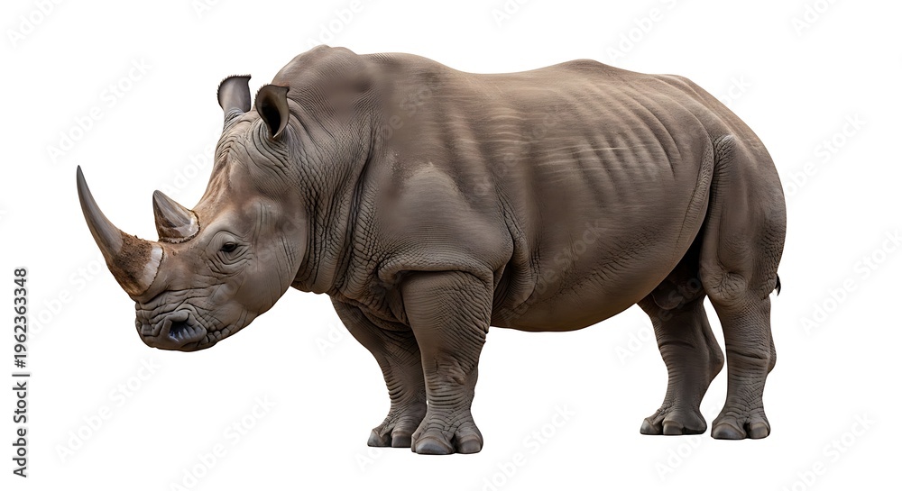 Fototapeta premium Majestic gray rhinoceros standing strong with thick skin and prominent horns isolated on transparent background
