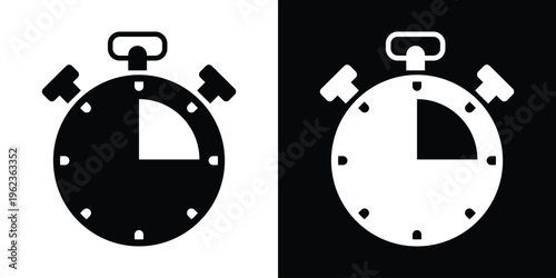 Stopwatch icon indicating a 15-minute or quarter-hour duration. Measurement of time for quick tasks or short intervals. Black and white vector set for business apps.
