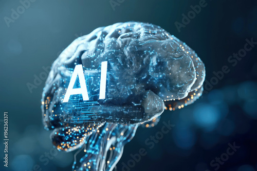 Futuristic artificial intelligence brain floating in a modern digital atmosphere, innovation, technology concept, glowing elements, sci-fi style, high resolution, copy space
