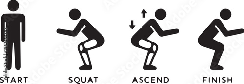 Sequence of a person performing a squat exercise icon set representing start squat ascend and finish positions for fitness instruction and workout infographics