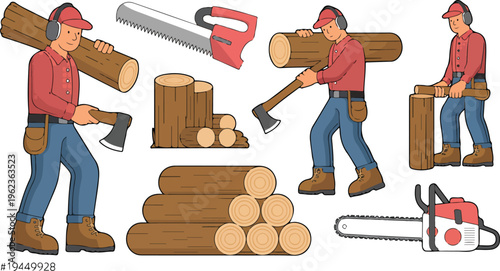 Lumberjack worker cartoon set with axe, chainsaw, and logs, woodcutter characters performing different actions with forestry equipment vector illustration collection