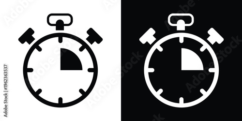 Stopwatch icon indicating a 15-minute or quarter-hour duration. Measurement of time for quick tasks or short intervals. Black and white vector set for business apps.