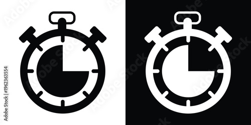 Stopwatch icon showing a 45-minute or three-quarter hour interval. Professional chronometer symbol for tracking long tasks or sessions. High-contrast vector illustration.