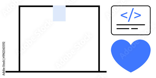 Web development, coding tutorials, technology love, digital learning, programming, tech education. Minimalist laptop outline with a coding tag and a blue heart. Web development and coding tutorials