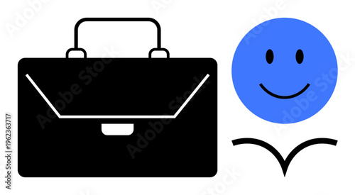 Work-life balance. Black briefcase and blue happy face professional and personal life. Work-life balance supports productivity and employee well-being. For HR, productivity tools, wellness programs