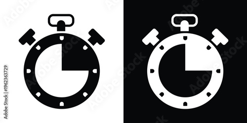 Stopwatch icon indicating a 15-minute or quarter-hour duration. Measurement of time for quick tasks or short intervals. Black and white vector set for business apps.