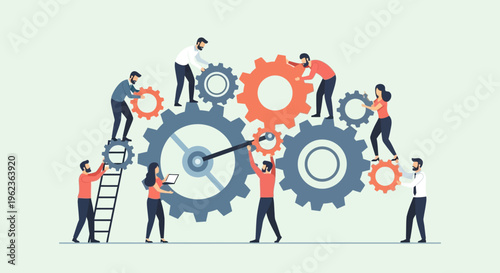 Teamwork and collaboration: people working together on gears, business concept
