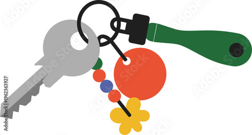 House keys vector illustration, keychain with colorful tags home ownership real estate concept