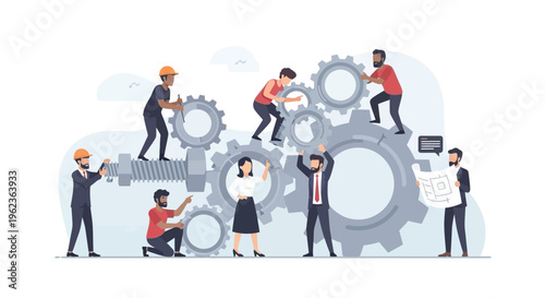 Teamwork and Collaboration: People working together on gears, symbolizing business success and engineering.