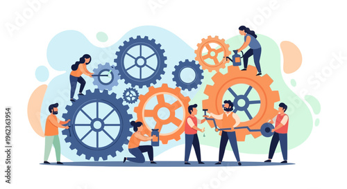Teamwork and collaboration: people working together to assemble gears, business concept