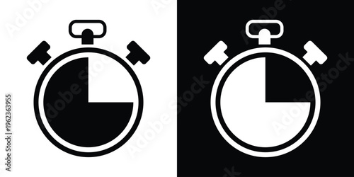 Stopwatch icon showing a 45-minute or three-quarter hour interval. Professional chronometer symbol for tracking long tasks or sessions. High-contrast vector illustration.