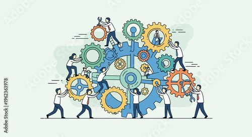 Teamwork and collaboration: people working together to build a complex gear mechanism