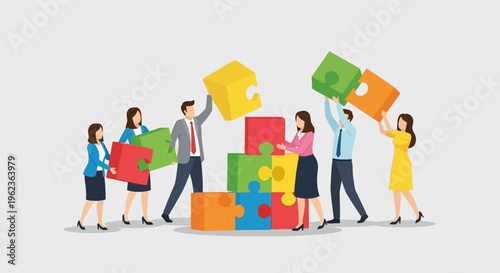 Teamwork and collaboration building a colorful puzzle, business success concept