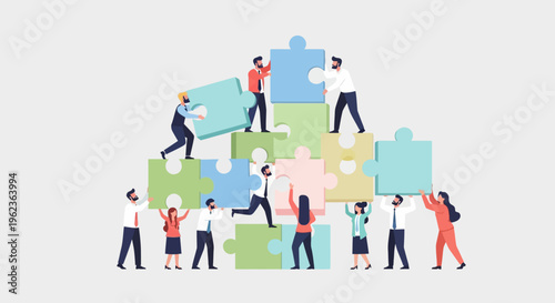 Teamwork and collaboration building a puzzle pyramid, people working together to achieve a goal