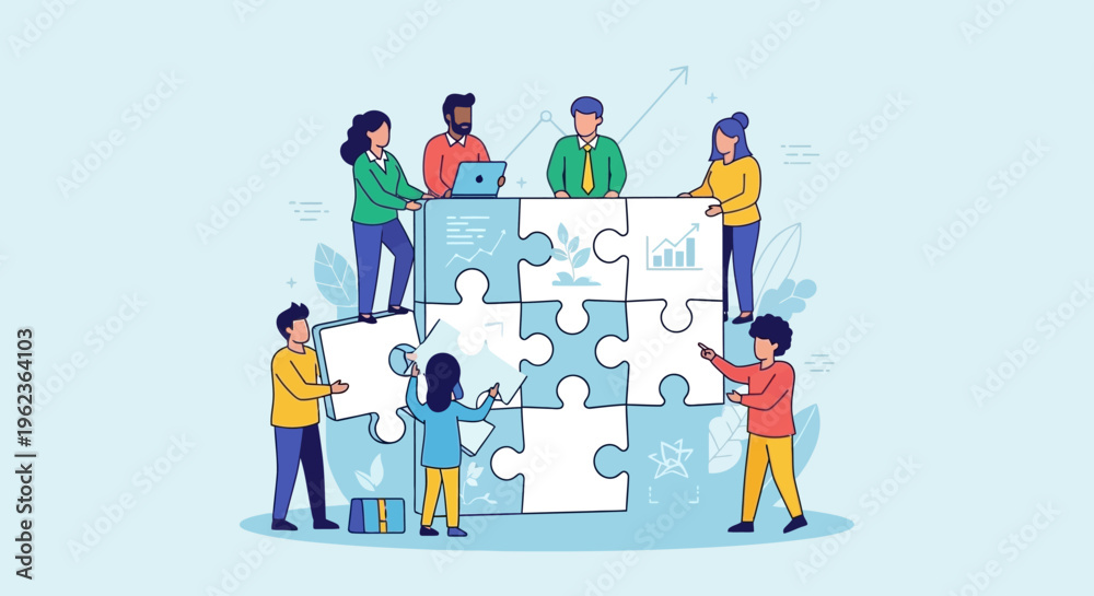 Fototapeta premium Teamwork and Collaboration: People assembling a giant jigsaw puzzle, business strategy concept