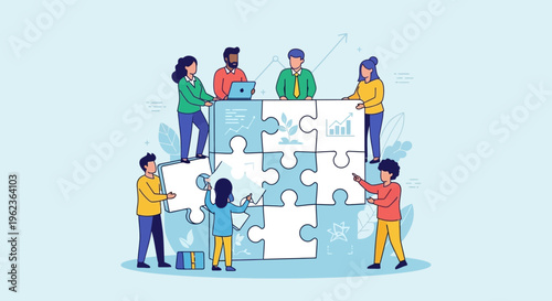 Teamwork and Collaboration: People assembling a giant jigsaw puzzle, business strategy concept