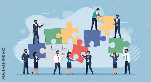 Teamwork and Collaboration: People assembling a giant jigsaw puzzle, symbolizing strategy and success